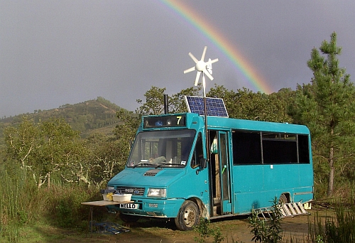 Solar Panel and Wind Turbine on a Motorhome Generating free electricity with a solar panel and windmill